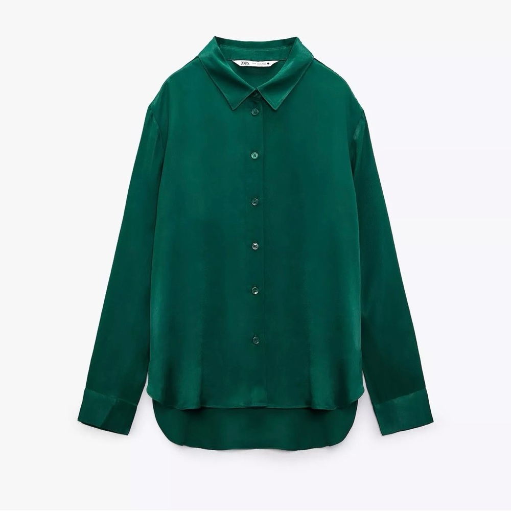 Zara Satin Effect Basic Shirt – Emerald Green – Size S